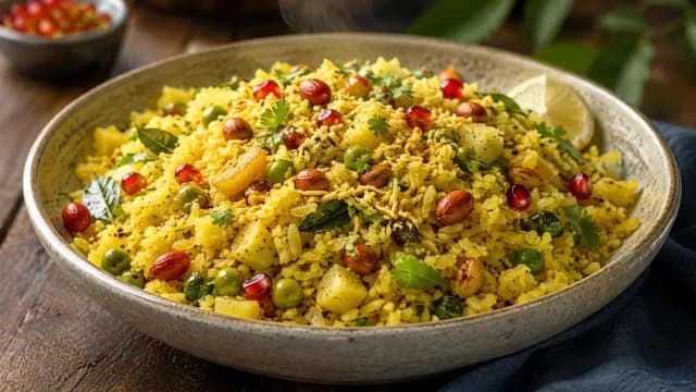 Steaming Hot Indian Poha Breakfast Bowl with Pomegranate and Peanuts