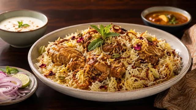 Authentic Indian Biryani with Raita and Gravy on Wooden Table