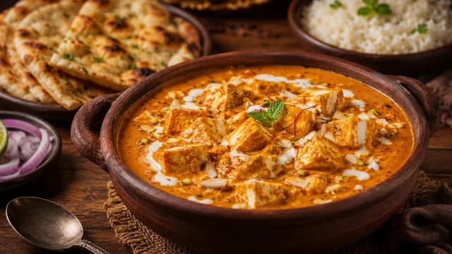 Authentic Indian Paneer Butter Masala with Garlic Naan and Rice