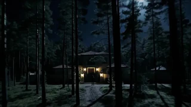 Mysterious Silhouette Before Remote Mansion in Night Forest