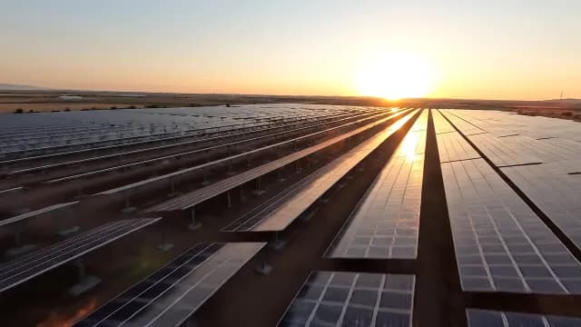 Aerial View of Large Solar Farm at Sunset