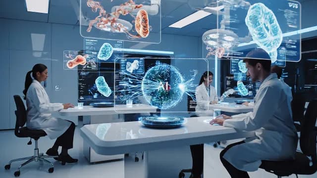 Scientists Conducting Medical Research Using Advanced AI Holograms in Lab