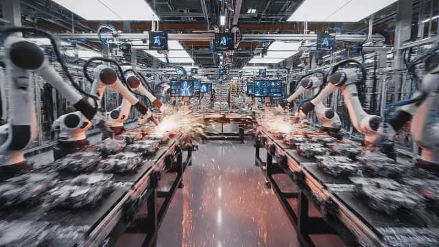 Automated Robotic Assembly Line with Industrial Robots and Welding Sparks
