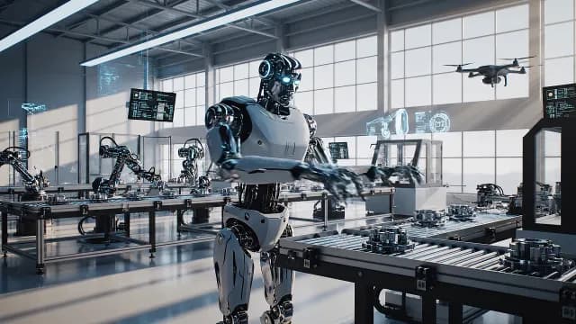 Advanced Humanoid Robot Working on Automated Factory Assembly Line