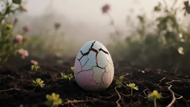 Cracked Dewy Egg Resting on Dark Soil in Misty Garden