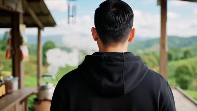 Man in Black Hoodie Overlooking Lush Mountain Landscape