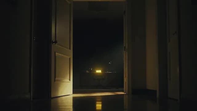 Cinematic Dark Office Interior with Illuminated Desk through Open Doors