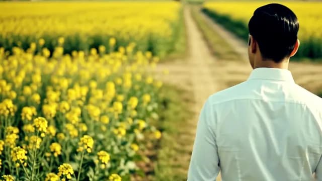 Businessman Standing at Crossroads in Vibrant Yellow Rapeseed Field