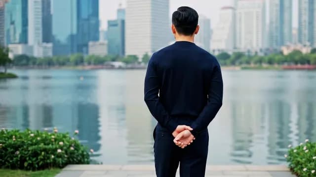 Businessman Contemplating City Skyline from Urban Park Lake