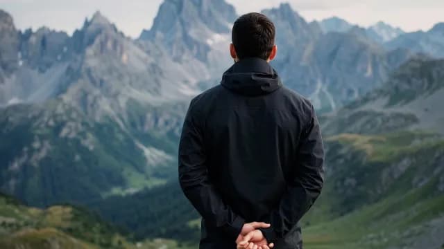 Man in Jacket Overlooking Sharp Mountain Range
