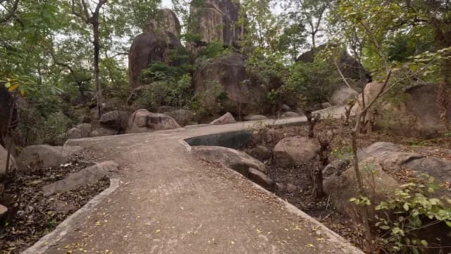 POV of Winding Concrete Path Through Rocky Forest Landscape Mama Bhagne Pahar