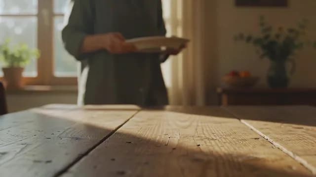 Sunlit rustic wooden table with person carrying a white plate