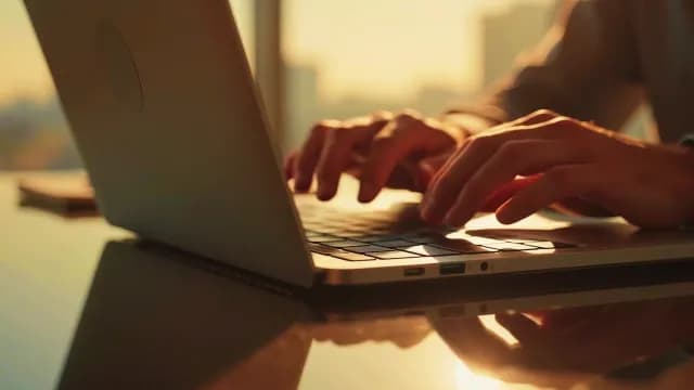 Professional hands typing on laptop during golden hour sunset