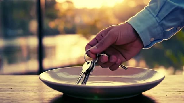 Man Placing House Keys Into Plate During Golden Hour