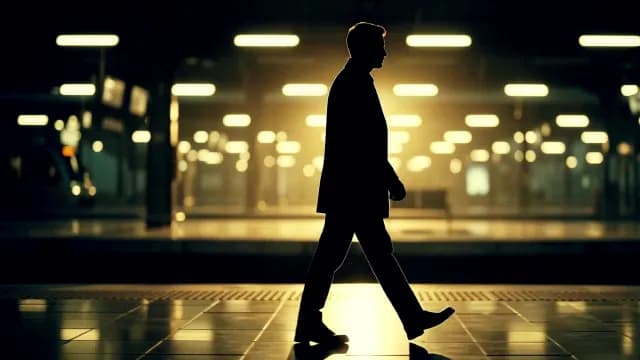 Silhouette of Man Walking Through Train Station at Night