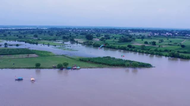 Aerial View of Paraglider over Yamuna River in Vrindavan