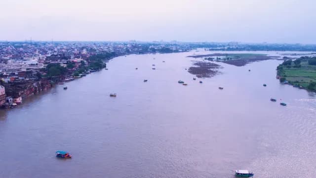Aerial Twilight View of Boats on Yamuna River in Vrindavan
