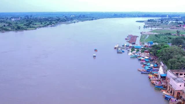 Aerial View of Yamuna River and Traditional Keshi Ghat in Vrindavan