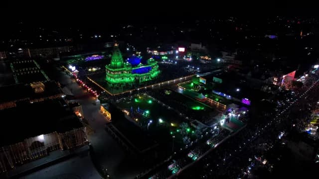 Aerial Night View of Illuminated Prem Mandir Temple in Vrindavan