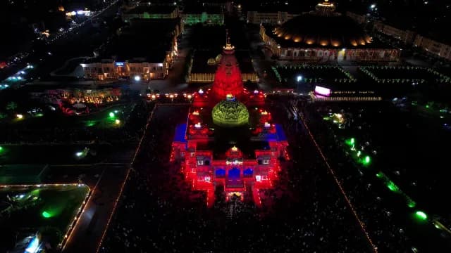 Aerial Night View of Illuminated Prem Mandir Temple in Vrindavan