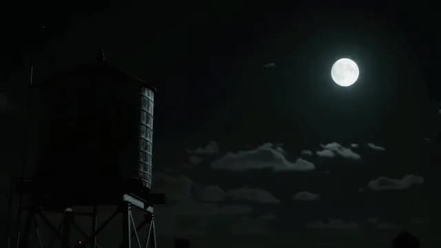 Cinematic Water Tower Silhouette Under Full Moon Night Sky