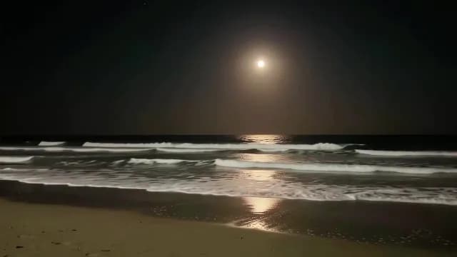 Full Moon Shimmering Over Ocean Waves on Night Beach