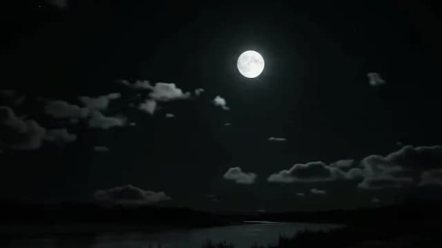 Full Moon Over Dark River and Night Clouds