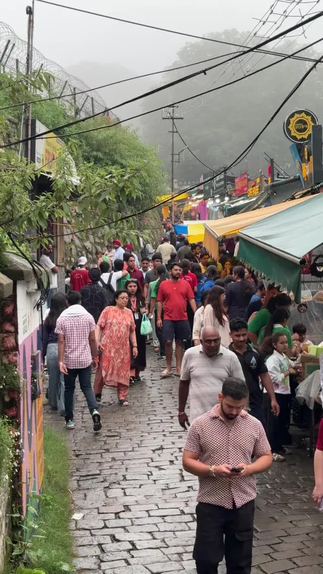 Crowded Misty Market Street in an Indian Hill Station Kasauli