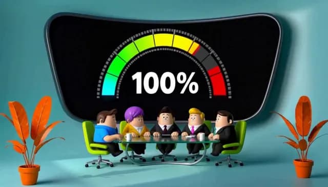 3D Cartoon Business Meeting with 100 Percent Performance Gauge