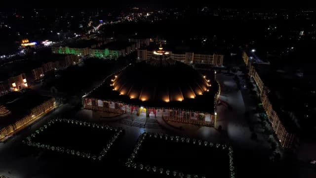 Aerial Night View of Illuminated Prem Mandir Hindu Temple, Vrindavan Architecture in India