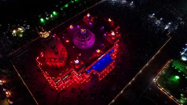 Aerial Night View of Illuminated Janmashtami celebration at Prem Mandir Temple in Vrindavan