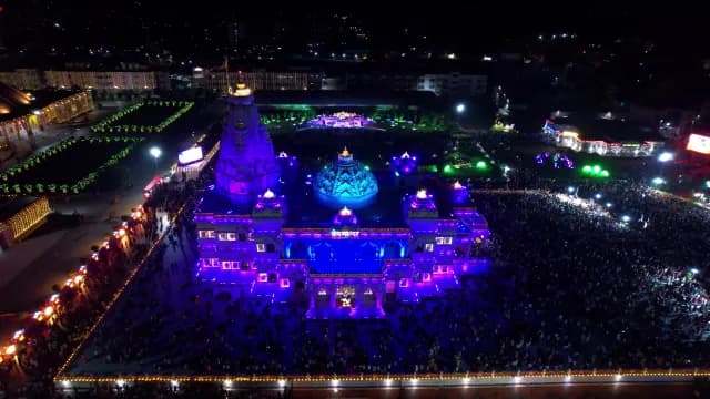 Aerial Night Shot of Illuminated Janmashtami celebration at Prem Mandir Temple in Vrindavan India