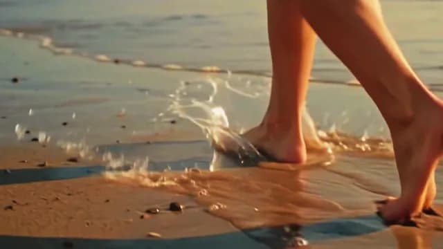 Barefoot Walking on Sandy Beach at Sunset with Ocean Splashes