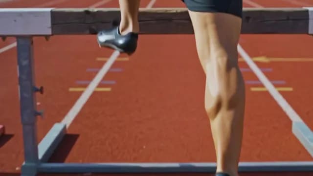 Close-Up of Athlete Jumping Over Hurdle on Running Track
