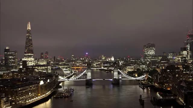 Aerial London Skyline with Tower Bridge and The Shard at Night