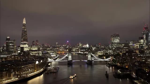 Night Aerial View of Tower Bridge and London City Skyline