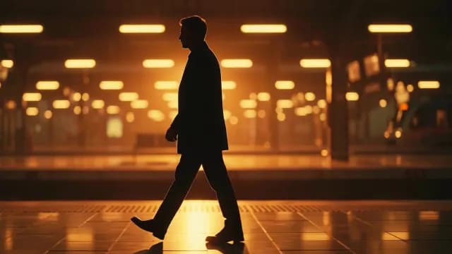 Silhouette of a Man Walking in Train Station at Night