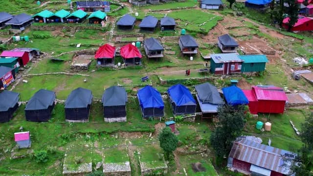 Aerial Drone View of Colorful Mountain Base Camp Tents Chopta, Uttrakhand