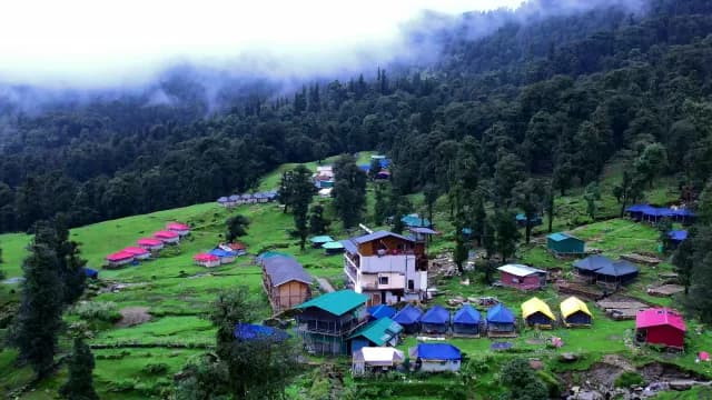 Foggy Mountain Campsite and Village in Lush Green Valley Chopta, Uttarakhand