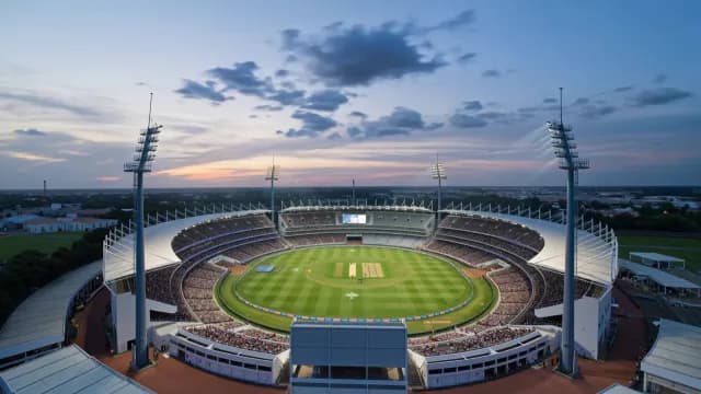 Aerial View of Packed Cricket Stadium at Sunset with Floodlights