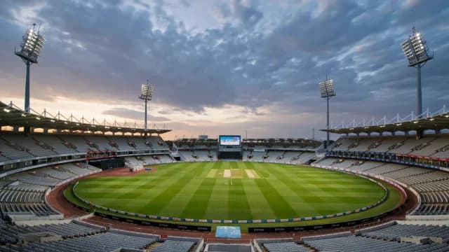 Empty Cricket Stadium at Sunset with Bright Floodlights