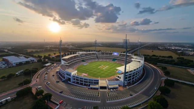 Aerial Golden Hour View of Modern Cricket Stadium