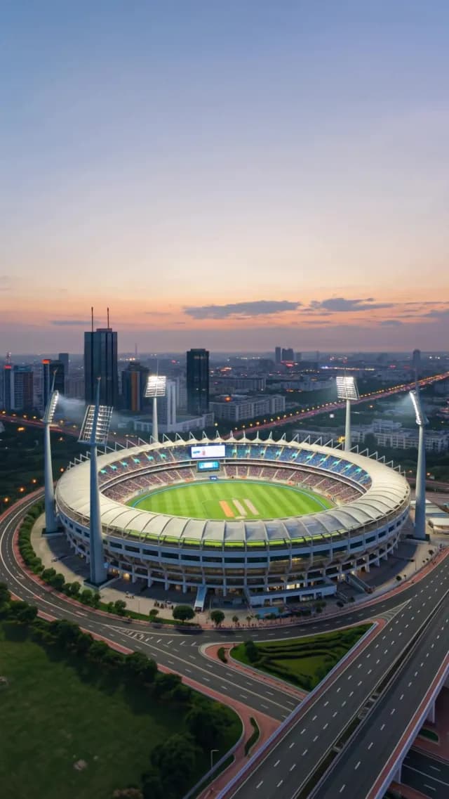 Aerial View of Illuminated Cricket Stadium at Sunset