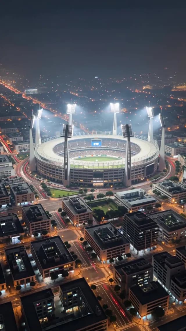 Aerial Night View of Illuminated Sports Stadium and Cityscape