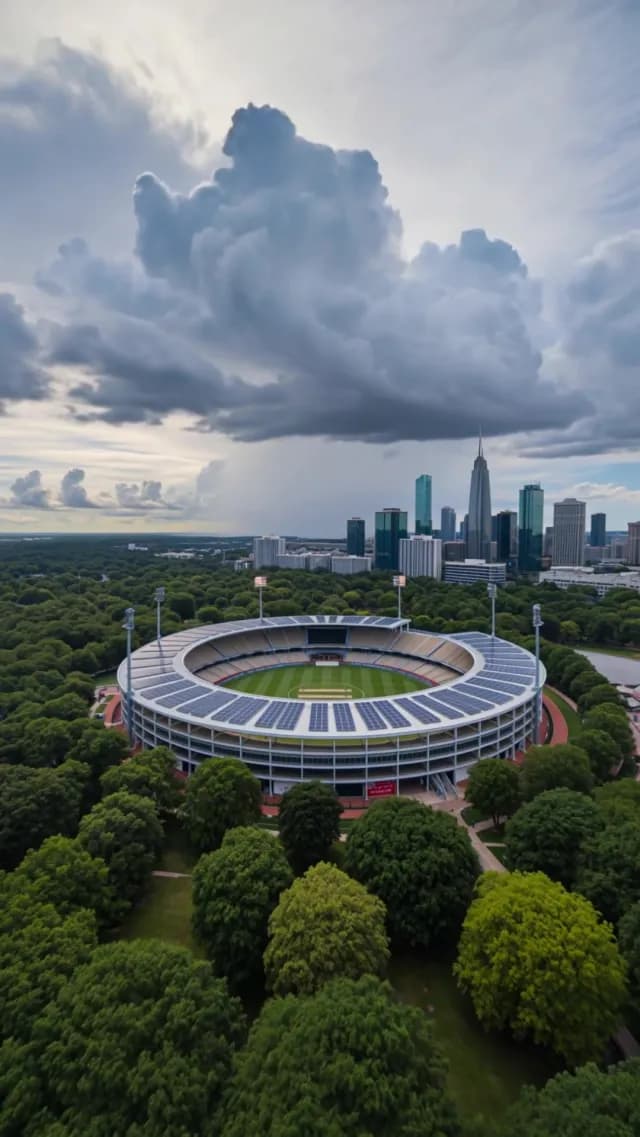 Aerial View of Modern Stadium with City Skyline and Stormy Clouds