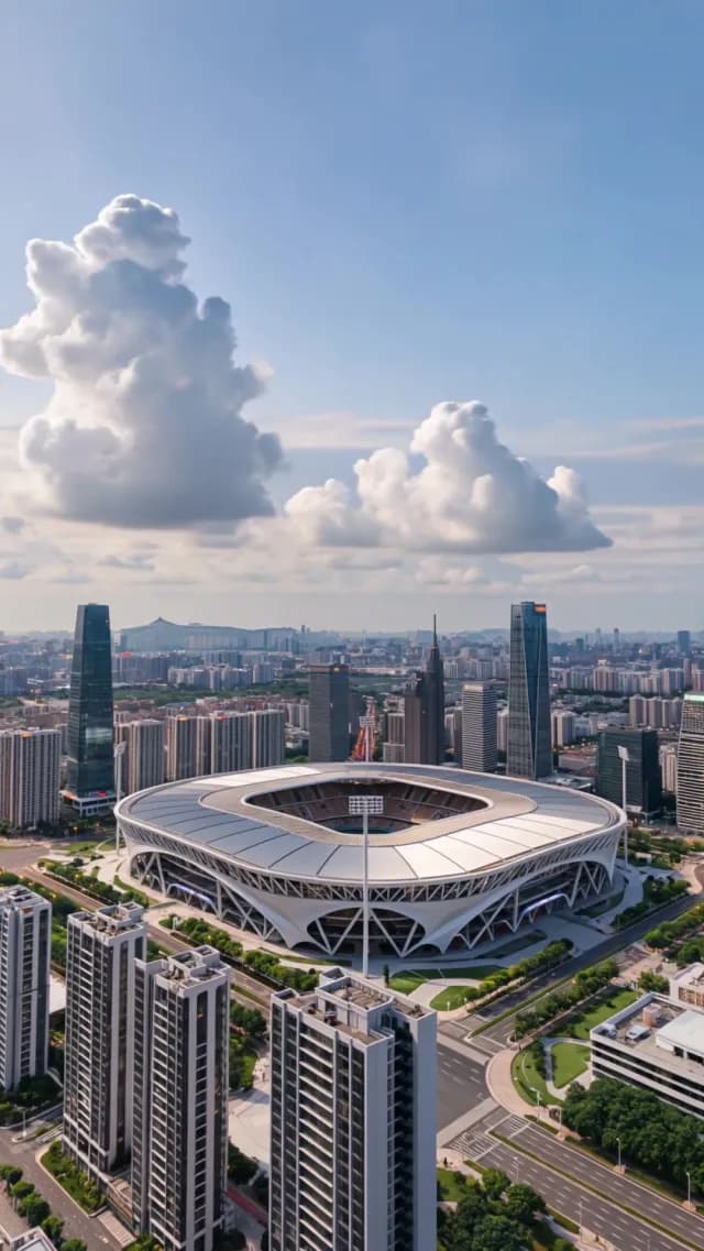 Aerial View of Modern Olympic Stadium in Hangzhou City Skyline