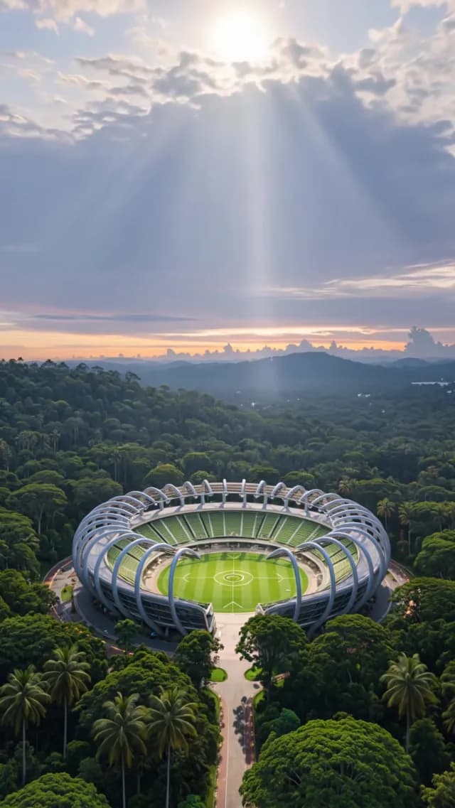 Futuristic Eco-Friendly Stadium in Tropical Jungle at Sunset