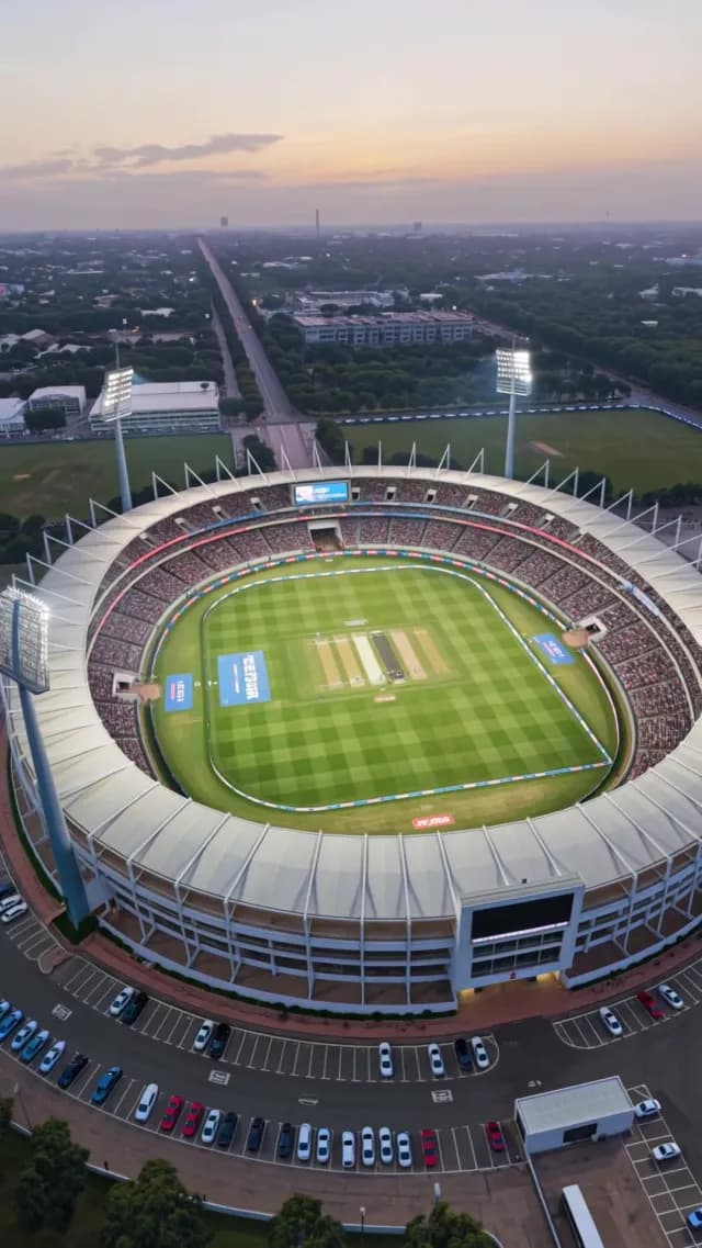 Aerial View of Cricket Stadium During Sunset