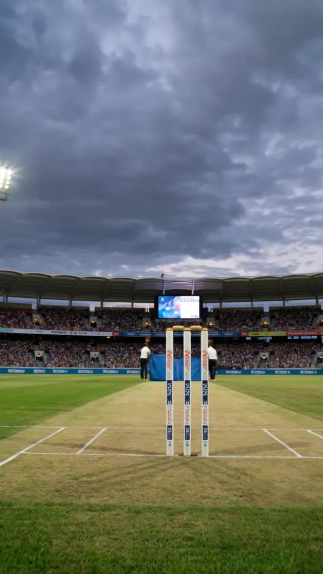 Professional Cricket Pitch and Stumps in Crowded Stadium at Dusk
