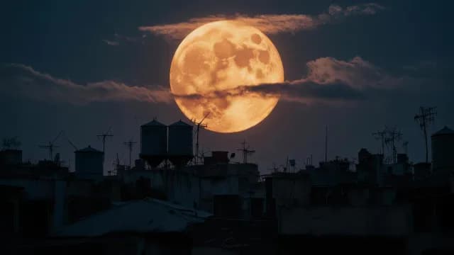 Cinematic Golden Supermoon Rising Above Urban Rooftop Silhouettes